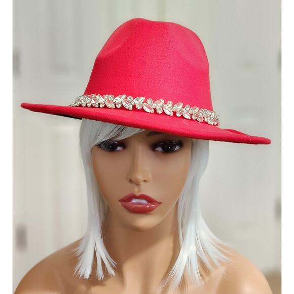 Fedora Hat Red & Black with Rhinestone Feathered Band Brand New - Picture 3 of 5